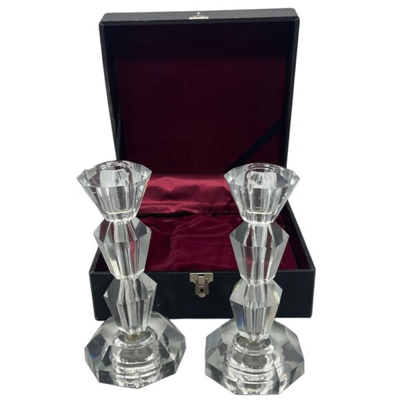 imported crystal hand cut set of 2 candle stick holder with black case 8x4" READ - Picture 1 of 10